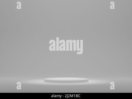 Supporto per display del prodotto o podium in composizione minima con illuminazione Spotlight dall'alto. 3D rendering dello sfondo bianco e grigio chiaro con Cylinde Foto Stock
