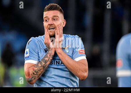 Roma, Italia. 02nd Apr 2022. Sergej Milinkovic Savic della SS Lazio reagisce durante la Serie Una partita di calcio tra la SS Lazio e Sassuolo Calcio allo stadio Olimpico di Roma (Italia), 2nd aprile 2022. Foto Andrea Staccioli/Insidefoto Credit: Ininsidefoto srl/Alamy Live News Foto Stock