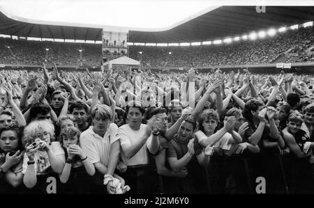 La folla si diverte a far parte del gruppo rock Simple Minds in concerto al National Stadium, Cardiff Arms Park, Cardiff, Galles. Foto scattata il 5th agosto 1989. Foto Stock