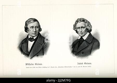 La traduzione inglese della didascalia tedesca recita: “Wilhelm Grimm Jakob Grimm dopo l’incisione di Biow-Suchling nel primo volume del dizionario tedesco di J e W Grimm 1854”. Nel 1812, i fratelli Grimm, Jacob e Wilhelm, pubblicarono Children and Household Tales, una collezione di fiabe tedesche. Foto Stock