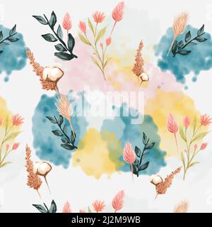Boho acquerello motivo floreale sfondo in teal, deserto rosa, zafferano giallo tonalità di fiori selvatici in questo elemento di design grazioso. Foto Stock