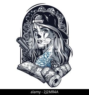 Concept tatuaggio chicano d'epoca con bella ragazza in cappellino da baseball revolver money pack rose in ottone nocche diamante dice isolato vettore illustrazione Illustrazione Vettoriale