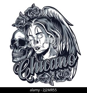 Stile tatuaggio chicano vintage monocromo con belle ali d'angelo ragazza cranio e belle rose isolato vettore illustrazione Illustrazione Vettoriale
