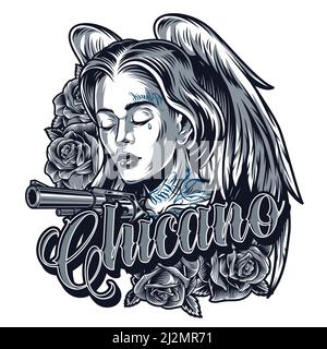 Tatuaggio vintage di bella ragazza chicano con angelo ali di rivoluzione e fiori di rosa isolato illustrazione vettoriale Illustrazione Vettoriale