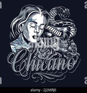 Chicano tatuaggio vintage modello con triste bella ragazza gatto cranio roses serpente velenoso intrecciato con cranio su sfondo scuro isolato illustratore vettore Illustrazione Vettoriale