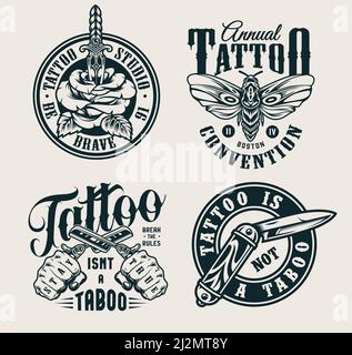 Loghi da studio tatuaggio vintage con rosa forata con farfalla a coltello le mani maschio dei coltelli tascabili tengono i rasoi incrociati in stile monocromatico vettore isolato Illustrazione Vettoriale