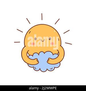Il sole carino abbraccia una nuvola isolata su sfondo bianco. Illustrazione vettoriale disegnata a mano in stile kawaii. Perfetto per biglietti, stampe, magliette, poster Illustrazione Vettoriale