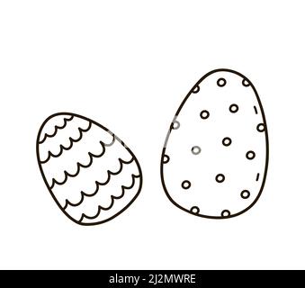 Uova di Pasqua decorate carino isolato su sfondo bianco. Illustrazione vettoriale disegnata a mano in stile doodle. Perfetto per design, biglietti e logo per le vacanze Illustrazione Vettoriale