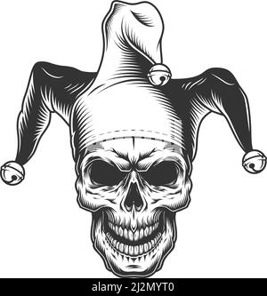 Cranio in cappello di jester. Illustrazione vettoriale monocromatica Illustrazione Vettoriale