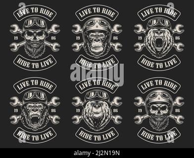 Set di emblemi per motociclisti in stile vintage. Illustrazione vettoriale Illustrazione Vettoriale