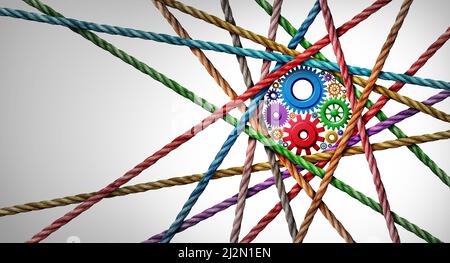 Diverse connessioni aziendali e diversità connessa come un gruppo centrale di corde a forma di cerchio che crea una macchina a ingranaggi circolare centralizzata. Foto Stock