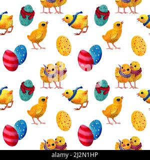Acquerello pasqua modello senza giunture. Illustrazione di polli piccoli e uova, fiori di primavera. Pasqua uovo caccia sfondo. Design per l'arredamento di pasqua Foto Stock