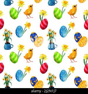 Acquerello pasqua modello senza giunture. Illustrazione di polli piccoli e uova, fiori di primavera. Pasqua uovo caccia sfondo. Design per l'arredamento di pasqua Foto Stock