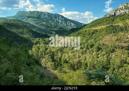 Piccolo villaggio in una valle del monte Vlaska, Serbia Foto Stock