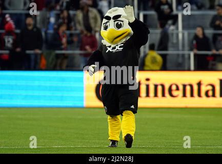 WASHINGTON, DC, USA - 02 APRILE 2022: La DC United Mascot Talon prima di una partita MLS tra la D.C United e l'Atlanta United FC, IL 02 aprile 2022, presso Audi Field, a Washington, CC. (Foto di Tony Quinn-Alamy Live News) Foto Stock