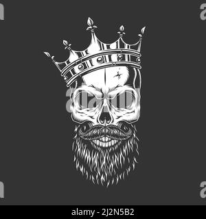Cranio monocromo vintage in corona con barba e baffi illustrazione vettoriale isolata Illustrazione Vettoriale