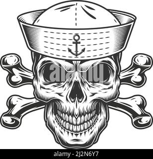 Cranio monocromo vintage in cappello marinaio con vettore isolato crossbones illustrazione Illustrazione Vettoriale