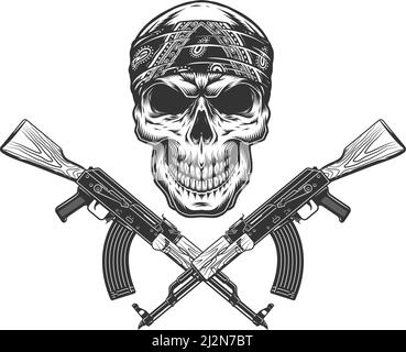 Cranio monocromo vintage in bandana con mitragliatrici incrociate illustrazione vettoriale isolata Illustrazione Vettoriale