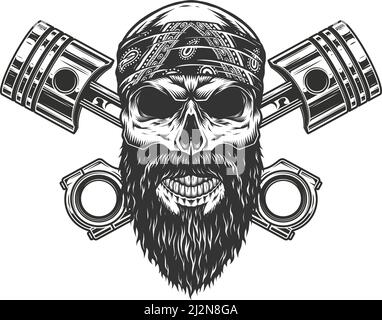 Cranio da motociclista vintage severo in bandana con pistoni motore incrociati illustrazione vettoriale isolata Illustrazione Vettoriale