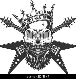 Cranio vintage rock star in corona con baffi per barba e. chitarre elettriche incrociate illustrazione vettoriale isolata Illustrazione Vettoriale