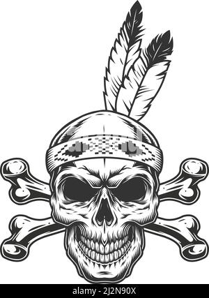 Cranio del guerriero indiano nativo americano con piume e crossbones dentro illustrazione vettoriale isolata in stile monocromatico vintage Illustrazione Vettoriale