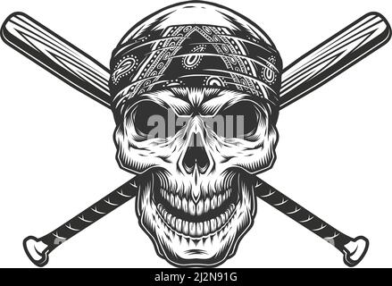 Cranio monocromo vintage in bandana con pipistrelli da baseball incrociati illustrazione vettoriale isolata Illustrazione Vettoriale