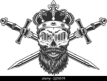 Cranio bearato e baffuto in corona con spade incrociate illustrazione vettoriale isolata in stile monocromatico vintage Illustrazione Vettoriale