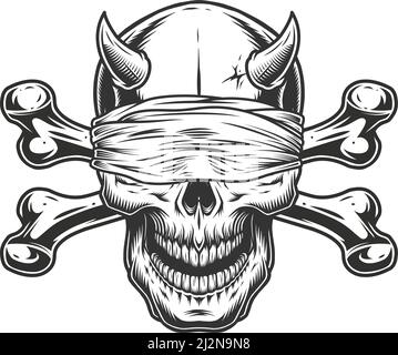 Cranio demone con bendle e crossbone in stile vintage monocromatico illustrazione vettoriale isolata Illustrazione Vettoriale