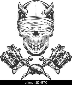 Cranio demone monocromo vintage con macchine per tatuaggio incrociate e bendate illustrazione vettoriale isolata Illustrazione Vettoriale