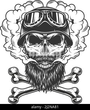 Cranio biker monocromatico in nube di fumo con crossbone in vintage illustrazione vettoriale con stile isolato Illustrazione Vettoriale