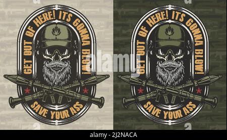 Etichetta colorata vintage militare e militare con cranio soldato in cappello verde e lanciarazzi incrociati su sfondi camouflage isolati illusione vettoriale Illustrazione Vettoriale
