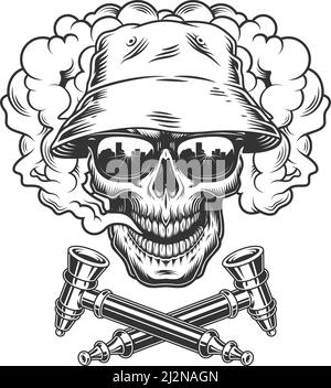 Cranio che indossa cappello panama e occhiali da sole nella nuvola di fumo con pipe incrociate per fumo in un'illustrazione vettoriale isolata in stile monocromatico vintage Illustrazione Vettoriale