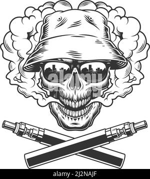 Cranio che indossa cappello panama e occhiali da sole nella nuvola di fumo con vaporizzatori incrociati in un'illustrazione vettoriale isolata di stile monocromatico vintage Illustrazione Vettoriale