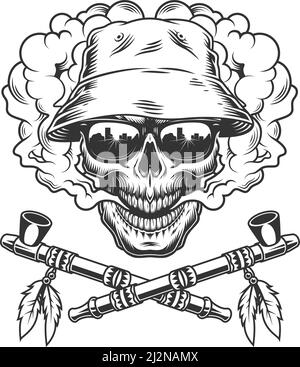 Cranio in cappello e occhiali da sole panama e attraversato nativo americano fumatore pipe in vintage monocromo stile isolato vettore illustrazione Illustrazione Vettoriale