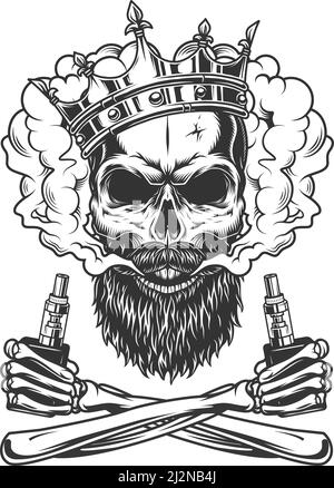 Cranio bearato e baffuto con corona in nuvola di fumo con mani scheletriche che tengono vaporizzatori in un vettore isolato di stile monocromatico vintage illugrati Illustrazione Vettoriale