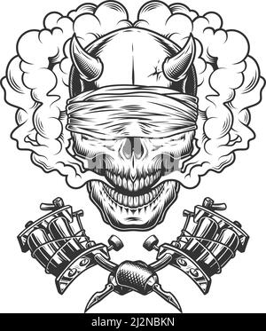 Cranio demone monocromatico vintage con bendfold nella nuvola di fumo e. macchine per tatuaggio incrociate illustrazione vettoriale isolata Illustrazione Vettoriale