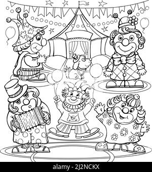 Clown nero pattern, circo, contorno noodle anti-stress, varie pose e situazioni, disegno, vettore, immagini, cartoon Illustrazione Vettoriale