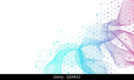 Storia astratta della biologia e della tecnologia farmaceutica. Assistenza sanitaria e background medico con forme di esagoni. Linee d'onda fluenti ed esagoni Illustrazione Vettoriale
