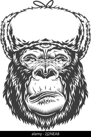Gorilla serio in stile monocromo in cappello di ushanka. Illustrazione vettoriale Illustrazione Vettoriale