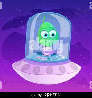 Cute Alien in Spaceship UFO Cartoon Vector Illustration on space background Illustrazione Vettoriale