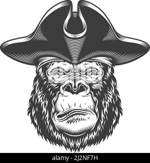 Gorilla serio in stile monocromatico in cappello pirata. Illustrazione vettoriale Illustrazione Vettoriale