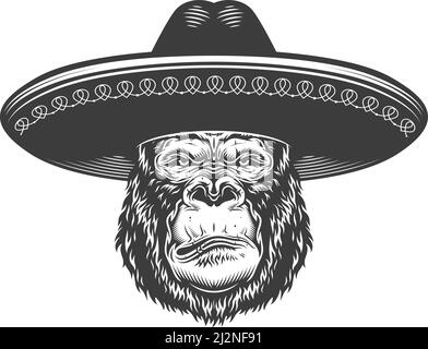 Grave gorilla in stile monocromo in sombrero. Illustrazione vintage vettoriale Illustrazione Vettoriale
