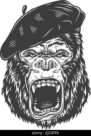 Gorilla arrabbiato in stile monocromatico in cappello artista. Illustrazione vettoriale Illustrazione Vettoriale