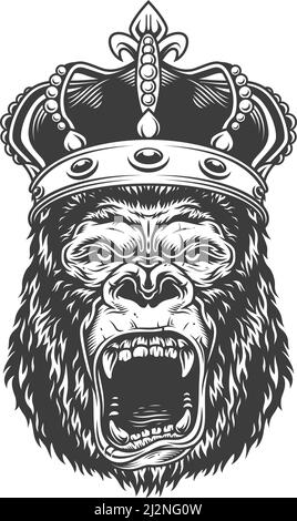 Gorilla arrabbiato in stile monocromatico nella corona di lusso. Illustrazione vintage vettoriale Illustrazione Vettoriale