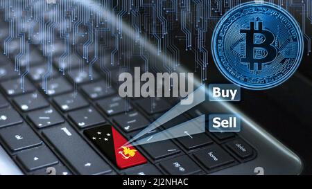 Tastiera con la bandiera Papua Nuova Guinea sul tasto invio con ologramma moneta bitcoin e online buy and sell concept. Foto Stock