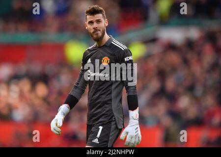 David de Gea, portiere del Manchester United durante la partita della Premier League a Old Trafford, Greater Manchester, Regno Unito. Data foto: Sabato 2 aprile 2022. Il credito fotografico dovrebbe leggere: Anthony Devlin Foto Stock