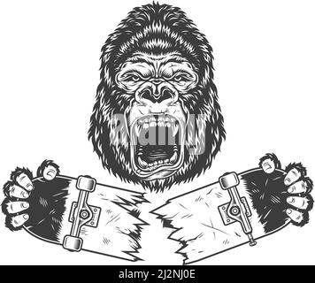 Gorilla arrabbiato che tiene rotto skateboard in stile monocromatico vintage isolato illustrazione vettoriale Illustrazione Vettoriale
