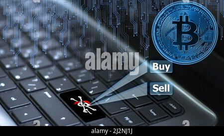 Tastiera con bandiera pirata sul tasto invio con ologramma a moneta bitcoin e concetto di acquisto e vendita online. Foto Stock