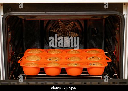 Cupcake fatti in casa cotta in una muffa di silicone rosso all'interno di un forno domestico. Messa a fuoco superficiale. Foto Stock