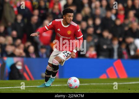Jadon Sancho del Manchester United durante la partita della Premier League a Old Trafford, Greater Manchester, Regno Unito. Data foto: Sabato 2 aprile 2022. Il credito fotografico dovrebbe leggere: Anthony Devlin Foto Stock
